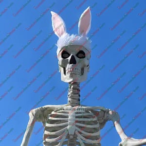 Peut inclure: Un squelette portant un serre-tête à oreilles de lapin de Pâques blanc et rose sur fond de ciel bleu clair. La cage thoracique et la colonne vertébrale de la figurine sont visibles, créant un contraste humoristique et effrayant.
