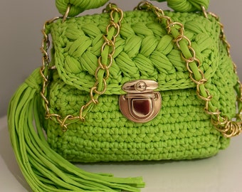 Bag/Hand Woven Bag/Knitted Cotton Shoulder Bag/Capri Luxury Bag/Moms Day Gift/For Her Gift/Pistachio Green Bag/Green Bag/Cotton Yarn Purse