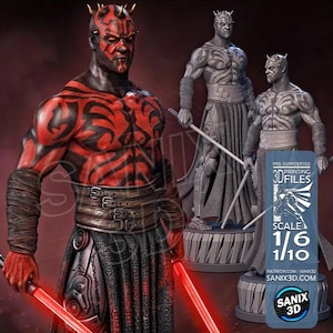 Puede incluir: Una figura detallada de Darth Maul con marcas rojas y negras en el cuerpo, sosteniendo un sable de luz rojo. También hay dos figuras adicionales en tonos grises. La imagen incluye un gráfico promocional para archivos de impresión 3D.
