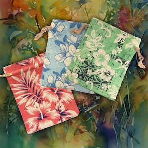 May include: Three rectangular fabric drawstring pouches featuring floral and tropical leaf patterns in red, light blue, and green. Each pouch has a textured weave and a simple knotted cord closure at the top, displaying distinct botanical prints.