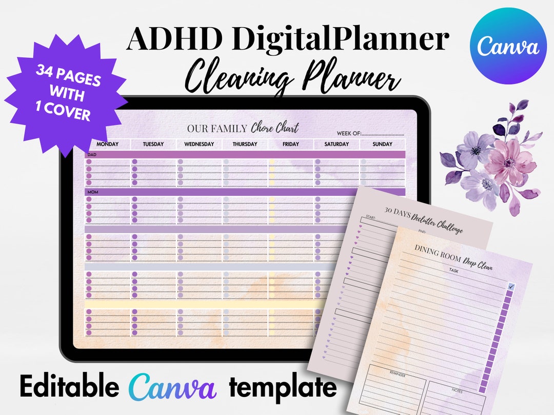 ADHD Digital Planner Cleaning Planner ADHD Canva Template Template ...
