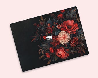 Dark Floral Surface Laptop Skin, Red Peony Moody Botanical Laptop Decal, Victorian Gothic Flower Vinyl Wrap