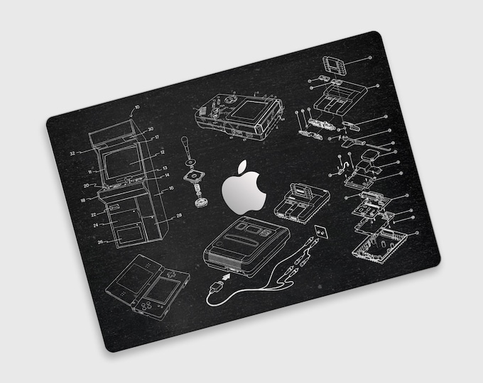 Gaming Gear Dissection Retro Tech Blueprint MacBook Skin | Classic Console Schematics MacBook Pro Decal | Arcade Anatomy MacBook Air Skin