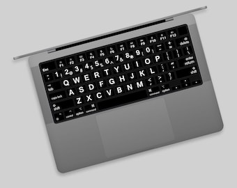 Sleek Black Bold Print MacBook Keyboard Sticker | Elegant Typeface MacBook Keyboard Decal | Easy-to-Read Font MacBook Pro Keyboard Stickers