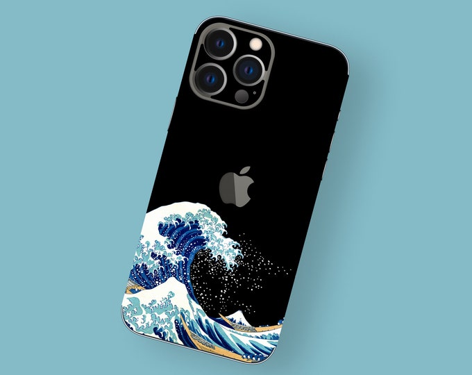 The Great Wave iPhon Skin, Classic Artwork with Modern Twist iPhone Pro Decal, Dark Ukiyo-e iPhone 15 Vinyl Skin, Protective with Artistic