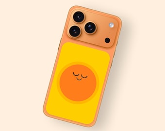 May include: A peach-colored smartphone case with a yellow background and an orange sun graphic with closed eyes. The case has three camera lenses and a flash. The design is simple and cheerful.
