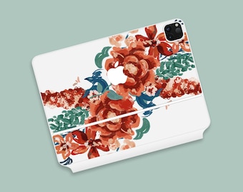 May include: White tablet case with a floral design featuring red, orange, and blue flowers and green leaves. The case has a white Apple logo in the center.