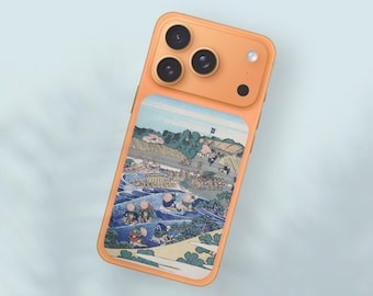 May include: Orange smartphone case featuring a Japanese art print. The case has a rectangular design with a colorful landscape scene. The case has three camera lenses and a flash.