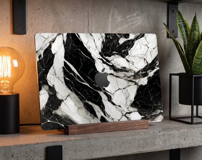 Monochrome Marble MacBook Skin, High Contrast Stone MacBook Decal, Elegant Minimalist Laptop Wrap