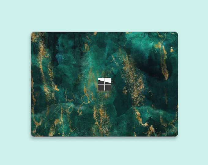 Emerald Vein Marble Surface Laptop Skin | Green Gold Fusion Surface Book Skin | Natural Marbling Surface Protective Decal, Surface Accessory