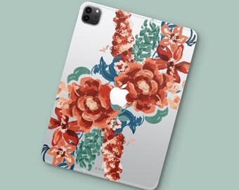 May include: Clear iPad case with a floral design. The case features large, red-orange flowers with green and blue accents. The Apple logo is visible on the back of the device. The design is painted in a watercolor style.
