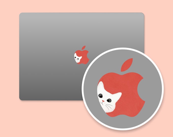 Curious Cat Apple Logo Sticker for MacBook | Whimsical Kittey MacBook Logo Sticker | Playful Cat MacBook Logo Decal | Cartoon Cat Sticker