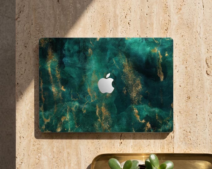 Jade Green Marble MacBook Pro Skin, Emerald Gold MacBook Air Wrap, Teal Stone Laptop Decal Cover