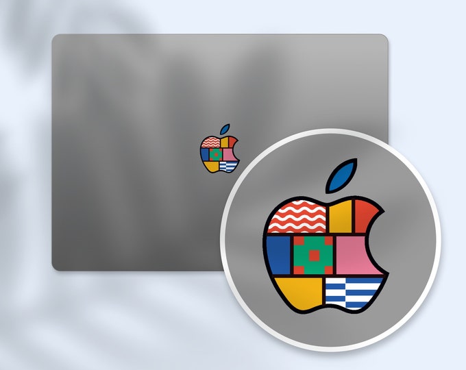 Patchwork Apple Logo MacBook Sticker | Artistic Apple Collage Logo Sticker | Retro Apple Mosaic Decal | Pop Art Apple Sticker for MacBook