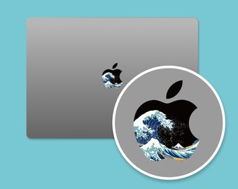 De Great Wave MacBook Logo Sticker, Ukiyo-e Design Apple Logo Sticker voor MacBook, Japanse kunststicker, donker thema MacBook Pro Logo Cover