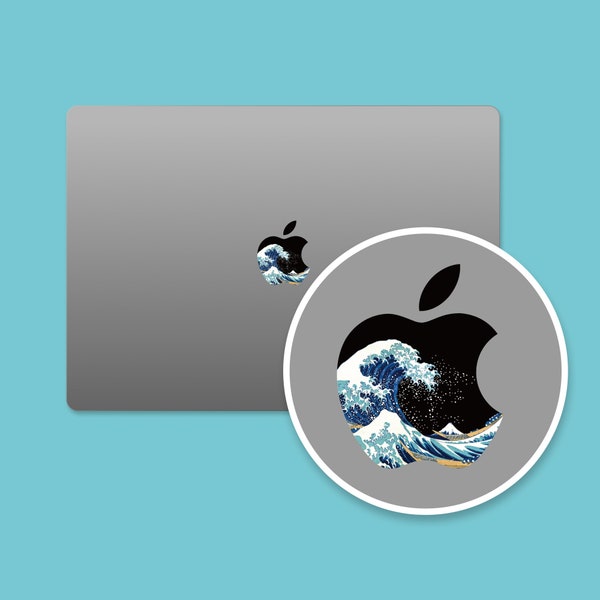 The Great Wave MacBook Logo Aufkleber, Ukiyo-e Design Apple Logo Aufkleber für MacBook, japanische Kunst Aufkleber, dunkles Thema MacBook Pro Logo Abdeckung