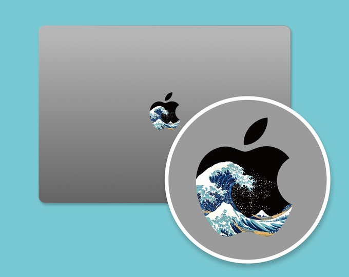The Great Wave MacBook Logo Sticker, Ukiyo-e Design Apple Logo Sticker for MacBook, Japanese Art Sticker, Dark Theme MacBook Pro Logo Cover