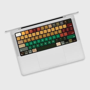 Könnte beinhalten: Ein Laptop mit einem bunten Tastaturaufkleber-Set. Das Aufkleber-Set zeigt einen Farbverlauf in Grün, Gelb und Braun. Die Tasten sind mit dem Standardalphabet und den Zifferntasten beschriftet.