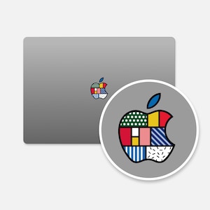 Artistic Patchwork MacBook Apple Logo Sticker | Colorful Design & Geometric Patterns Apple Logo Decal | Playful Palette Apple Logo Overlay