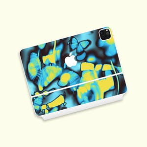 Psychedelic Butterfly iPad Magic Keyboard Skin | Blue and Yellow Contrast iPad Magic Keyboard Cover | Abstract Art iPad Magic Keyboard Wrap