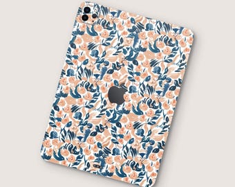 Funda para iPad con estampado floral pintado a mano / Calcomanía para iPad con estética floral pastel / Funda para iPad con diseño botánico de acuarela / Funda para iPad con flores naranjas y azules