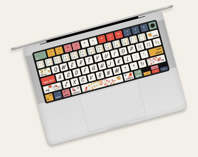 Cartoon Birds & Flora Illustrations MacBook Keyboard Stickers | Playful Avian and Plants MacBook Keyboard Skin | Nature's Mac Keyboard Cover