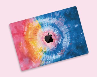 Pink Blue Tie Dye MacBook Skin, Sunset Ocean Watercolor Spiral Laptop Decal, Bohemian Retro Vinyl Wrap