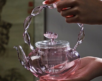 Glass teapot | tea water separation handle pot | creative pink butterfly button flower teapot | high temperature resistant teapot