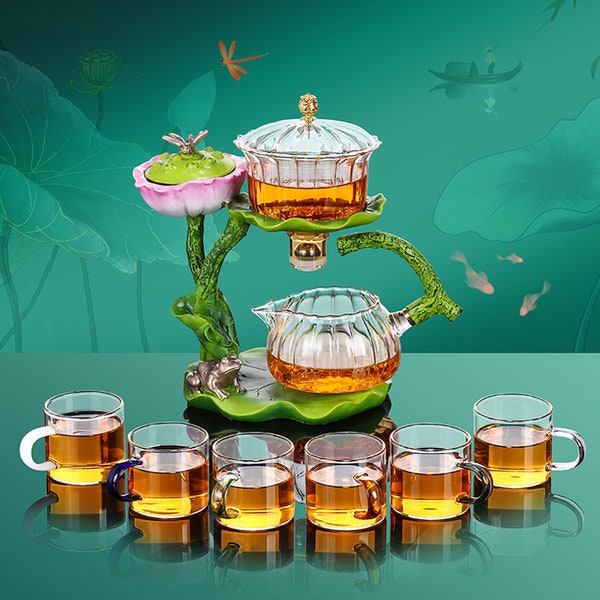Automatic tea set | Glass tea set | Kung Fu tea set | Creative lotus leaf glass automatic tea set | Tea party tea set