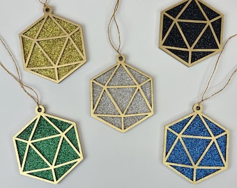 D20 Dice Christmas Ornaments, D&D Inspired Set of 5, Glitter Geometric Ornaments, Tabletop RPG Decor, Wooden Dice Ornament Set