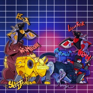 May include: Illustration of several Transformers characters, including Buzzsaw, Lazerbeak, Ramhorn, Steeljaw, Rumble, and Frenzy. The artwork features vibrant colors and dynamic poses against a grid background with text labels.