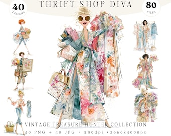Paquete de imágenes prediseñadas de Thrift Shop Diva, Vintage Treasure Hunter, Fashion Shopper Watercolor Set, Antique Finds Book Lover Boutique Style 40 PNG JPG