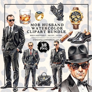 Op de afbeelding: Watercolor clipart bundel getiteld "MOB HUSBAND". De afbeelding toont illustraties van mannen in pakken, samen met accessoires zoals een horloge, ring, handschoenen, schoenen en een sigaar. De tekst geeft 38 PNG-bestanden, 4000 x 4000 pixels en standaard commercieel gebruik aan.