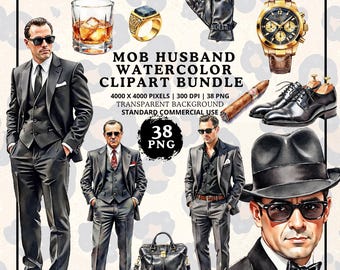 Paquete de imágenes prediseñadas de acuarela de marido mafioso, 38 hombres mafiosos de lujo, padrino, glamour de lujo, conjunto de ilustraciones de moda de jefe, digital, ST2