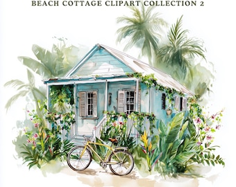 Imágenes prediseñadas de cabaña costera en la playa, conjunto de casas junto al mar en acuarela, ilustración de jardín de casa de verano tropical, paquete de arte cottagecore, colección JPG 2