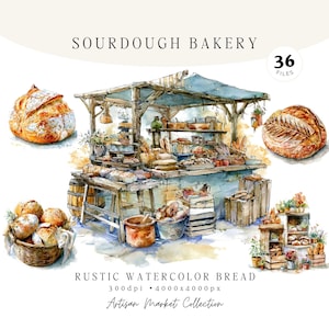 May include: A digital collection of watercolor illustrations featuring a sourdough bakery market stall, various loaves of bread, a woven basket filled with rolls, and wooden crates. Text includes SOURDOUGH BAKERY, 36 FILES, RUSTIC WATERCOLOR BREAD, 300 dpi, 4000 x 4000 px, and Artisan Market Collection.