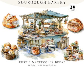 Imágenes prediseñadas de panadería de masa madre en acuarela, pan artesanal, 36 PNG + JPG, imágenes prediseñadas de mercado de panadería francesa, ilustración de pan rústico, gráficos de panadería