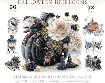 Paquete de imágenes prediseñadas de Halloween Heirlooms, estilo gótico victoriano, decoración Dark Academia, calabaza negra, arte de cuervo, diario gótico, acuarela (72 archivos)