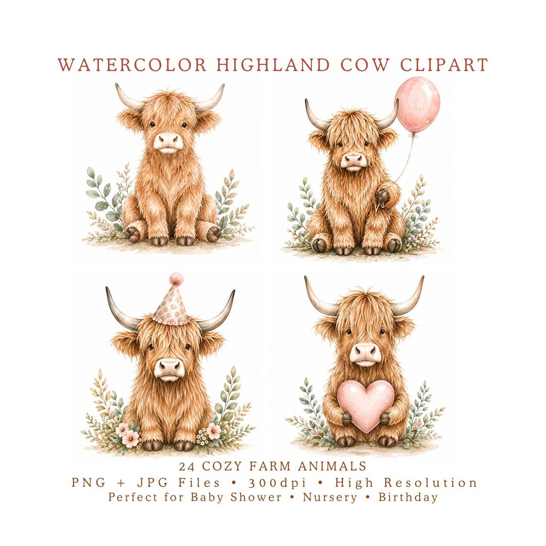 Highland Cow Clipart Watercolor Set, Cute Farm Baby Animals, Nursery ...