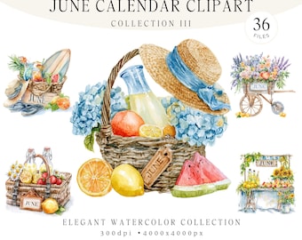 Imágenes prediseñadas de calendario de junio en acuarela, paquete de picnic de verano y mercado de agricultores, ilustraciones de temporada, gráficos estilo cottagecore, 36 archivos PNG y JPG.