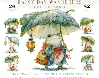 Paquete de imágenes prediseñadas de "Pasajeros en un día lluvioso", imágenes PNG de animales del bosque, conjunto de ilustraciones de amigos del bosque, arte infantil de cuento, personajes de aventuras adorables.