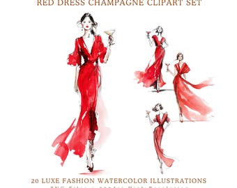Imágenes prediseñadas de champán con vestido rojo, paquete de acuarelas de moda de lujo, colección PNG de dama carmesí elegante, gráficos de alta costura glamurosa y chic, cócteles