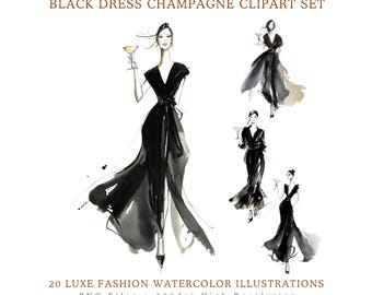 Imágenes prediseñadas de champán con vestido negro, paquete de acuarelas de moda de lujo, colección PNG de dama elegante de noche, gráficos de alta costura de glamour chic, cócteles