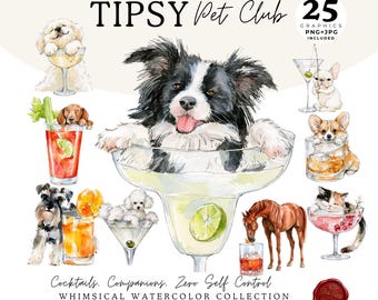 May include: A digital collection titled TIPSY Pet Club featuring 25 watercolor graphics of various dogs and a horse interacting with cocktail glasses. The text reads TIPSY Pet Club, 25 GRAPHICS PNG+JPG INCLUDED, and Cocktails. Companions. Zero Self Control.