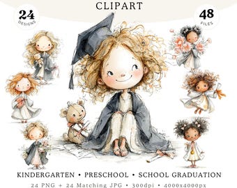 Imágenes prediseñadas de niñas graduadas con un toque caprichoso, acuarela original, jardín de infancia, preescolar, diploma, uso comercial para estudiantes, 24 PNG 24 JPG