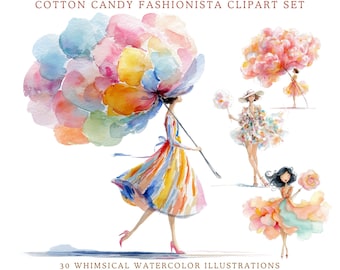 Imágenes prediseñadas de fashionista de algodón de azúcar, paquete de acuarelas pastel caprichosas, colección PNG de mujer elegante, gráficos de celebración femenina coloridos