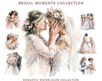 Colección Momentos Nupciales, Paquete de Acuarelas para Novia, Familia y Damas de Honor, Tradición, Abuelos, Nonna, Imágenes prediseñadas de Boda Romántica, 90 PNG JPG