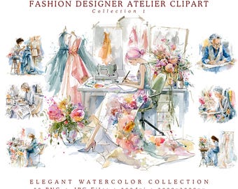 Imágenes prediseñadas de diseñador de moda, paquete de acuarelas de taller de alta costura, ilustración de estudio creativo profesional 50 PNG JPG, colección de artista de moda 1