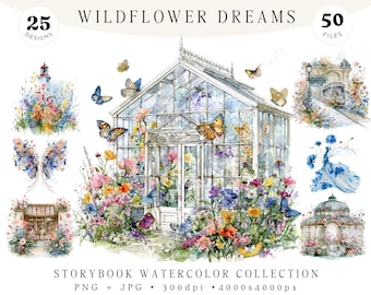 Paquete de imágenes prediseñadas de arquitectura con flores silvestres, invernadero de jardín (25 imágenes PNG y JPG), edificios de cuento de hadas, colección de acuarelas botánicas, fantasía floral.