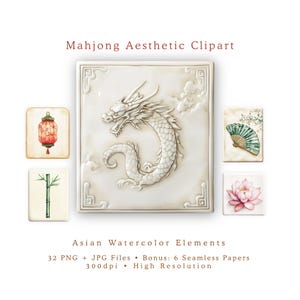 Könnte beinhalten: Eine Sammlung von asiatisch inspirierten Aquarell-Clipart-Elementen. Das Bild zeigt eine zentrale quadratische Kachel mit einem detaillierten weißen Drachen, umgeben von kleineren Kacheln mit einer roten Laterne, Bambus, einem Fächer und einer Lotusblume. Text: "Mahjong Aesthetic Clipart".